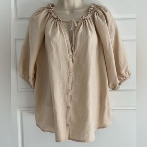 ANTONIO MELANI Ruffle Tie Neck Linen Blouse Women L Button Front Puff Sleeve